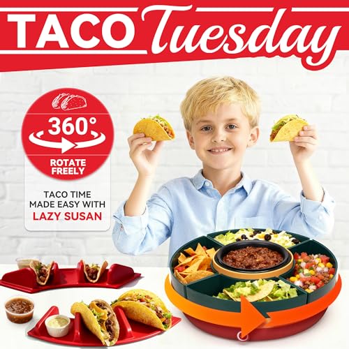 SugarWhisk Lazy Susan Taco Bar & Condiment Containers with Lids, 4 Taco Holders for Taco Tuesday Kit, Fondue Pot for Taco ...