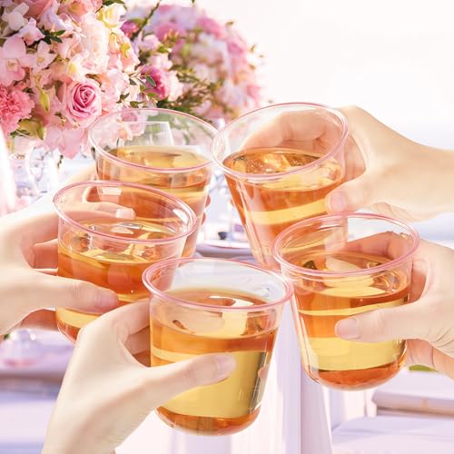 Jycnolm 50 Pcs Pink Plastic Cups, 12 Oz Disposable Stemless Wine Glasses Cocktail Pink Party Cups for Meeting, Wedding, Bi...
