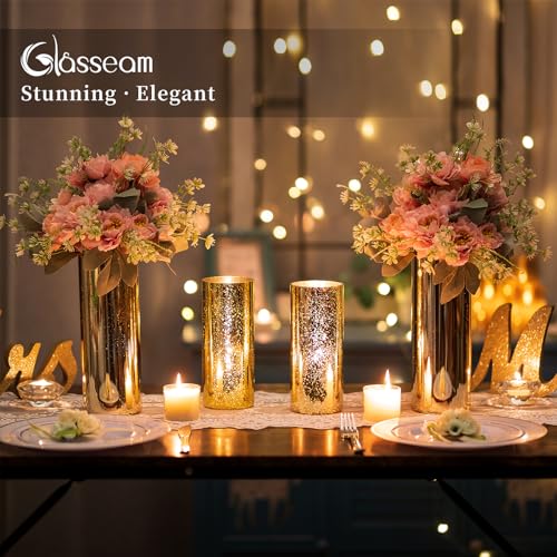 Glasseam Gold Cylinder Vases for Centerpieces: 6 Modern Mercury Hurricane Glass Vase Set for Flowers - Decorative Golden P...