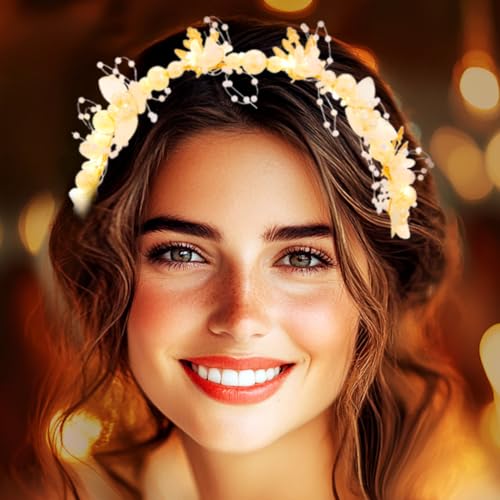 Zehope Light Up Flower Headbands LED Princess Pearl Floral Wreath Headpiece Bridal Wedding Garlands Hair Accessories for W...