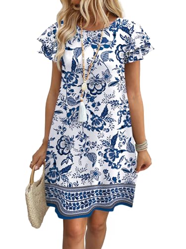 OFEEFAN Womens Summer Dresses 2026 Ruffle Sleeve Round Neck Loose Swing Sundresses with Pockets Plain/Print