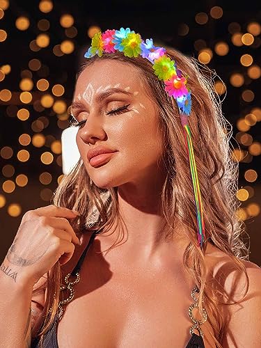 JONKY Light Up Daisy Headband Rainbow Hippie Flower LED Headbands Tassel Floral Headpiece Rave Hair Accessories for Women