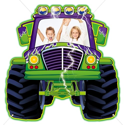 Monster Truck Photo Booth Props for Green and Purple Truck Party Supplies Large Monster Photo Background Games Polyester F...