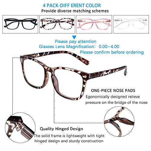 Henotin 4-Pack Blue Light Blocking Reading Glasses Women Men,Spring Hinge Computer Readers,Anti UV Ray Square Nerd Eyeglas...