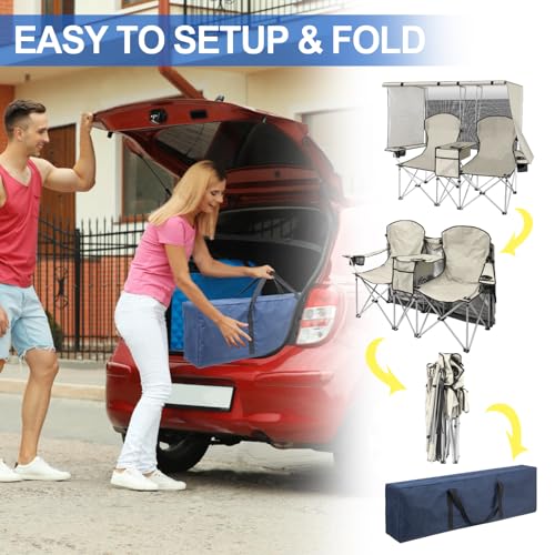 ptlsy Double Camping Chair with Canopy, Folding Two-Person Seat, Portable Outdoor Loveseat with Shade, Portable Chairs for...