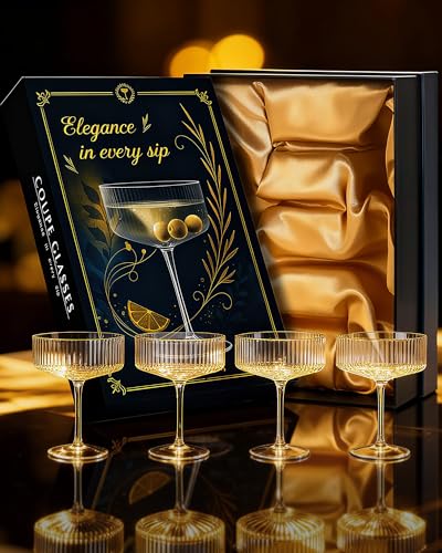 Evoio Martini Coupe Glasses Set of 4 | 10 oz Elegant Ribbed Vintage Cocktail Glasses, Premium Crystal Glass for Champagne,...