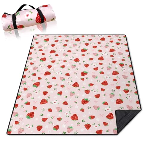 qwpmvhsak Strawberry Bow Picnic Blankets Waterproof Foldable, 60’‘x80'' Portable Outdoor Picnic Mat Water Resistant for Gr...