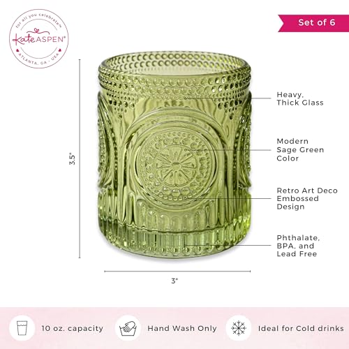Kate Aspen Retro Arch Floral Green Drinking Glasses Set of 6-10 oz Vintage Beaded Glassware, Textured Water & Cocktail Cup...