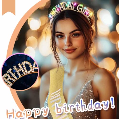 Aceorna Light Up Birthday Girl Headband Gold Rhinestone Crown and Sash Led Birthday Accessories Sets for Women