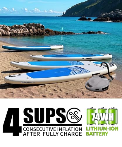 Tuomico Truely Portable Paddle Board Pump 25 PSI High Pressure Sup Air Pump,4 Minutes Fast Inflation, 74WH Rechargeable Ba...