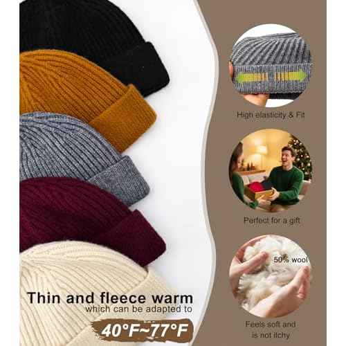 Swag Wool Knit Cuff Short Fisherman Beanie for Men Women, Spring Fall Winter Warm Hats, Trawler Skull Cap, Watch Cap