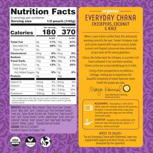 Maya Kaimal Foods - Organic Indian Everyday Chana - 10oz - Fully Cooked Chickpeas with Coconut & Kale - Vegan - Microwavable - Ready to Eat - Pack of 6