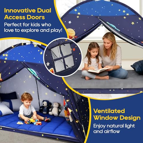 Twin Bed Tent Canopy, Space Indoor Blackout Privacy Toddler Bed Tent for Kids with Light, Portable Sleeping Floor Kids Pla...
