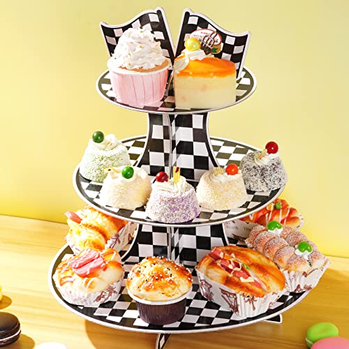 Hmxpls 3-Tier Round Cardboard Cupcake Stand, Racing Car Theme Cardboard Cupcake Holder, Car Theme Dessert Display Stand To...