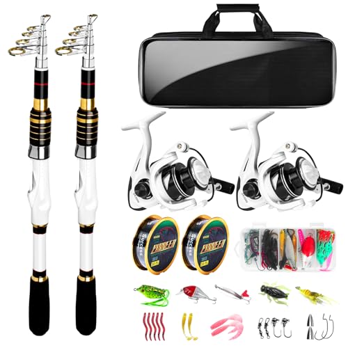 White Fishing Pole Combo, 2PCS 5.9FT Telescopic Fishing Rod and Reel Combo Spinning Reels Lures Set Fishing Line Carrier B...