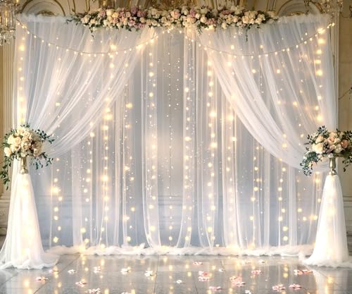 20ft X 10ft White Tulle Wedding Backdrop Curtains with Lights String 4 Panels Sheer Backdrop Curtains for Parties Bridal S...
