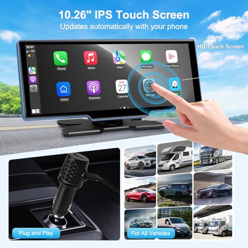 Wireless Carplay Screen for Car 1080p Backup Camera, 10.26" Portable Car Play & Android Auto Touch Screen with 4K Dash Ca...