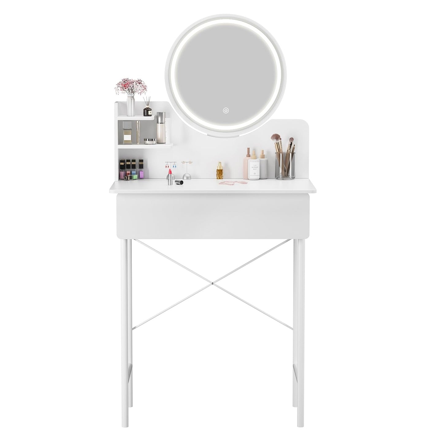 TOLUON Vanity Desk with Mirror & Light - Modern Vanity Table with 1 Drawers, 2 Open Shelves, 3 Adjustable Brightness Levels, White Bedroom Dressing Table White