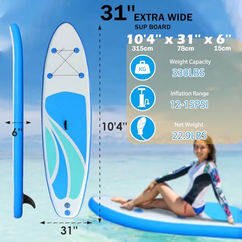 Inflatable Stand Up Paddle Board for Adult All Skill Levels- 10'4" Ultra-Light SUP Paddleboard with Durable Non-Slip Deck ...