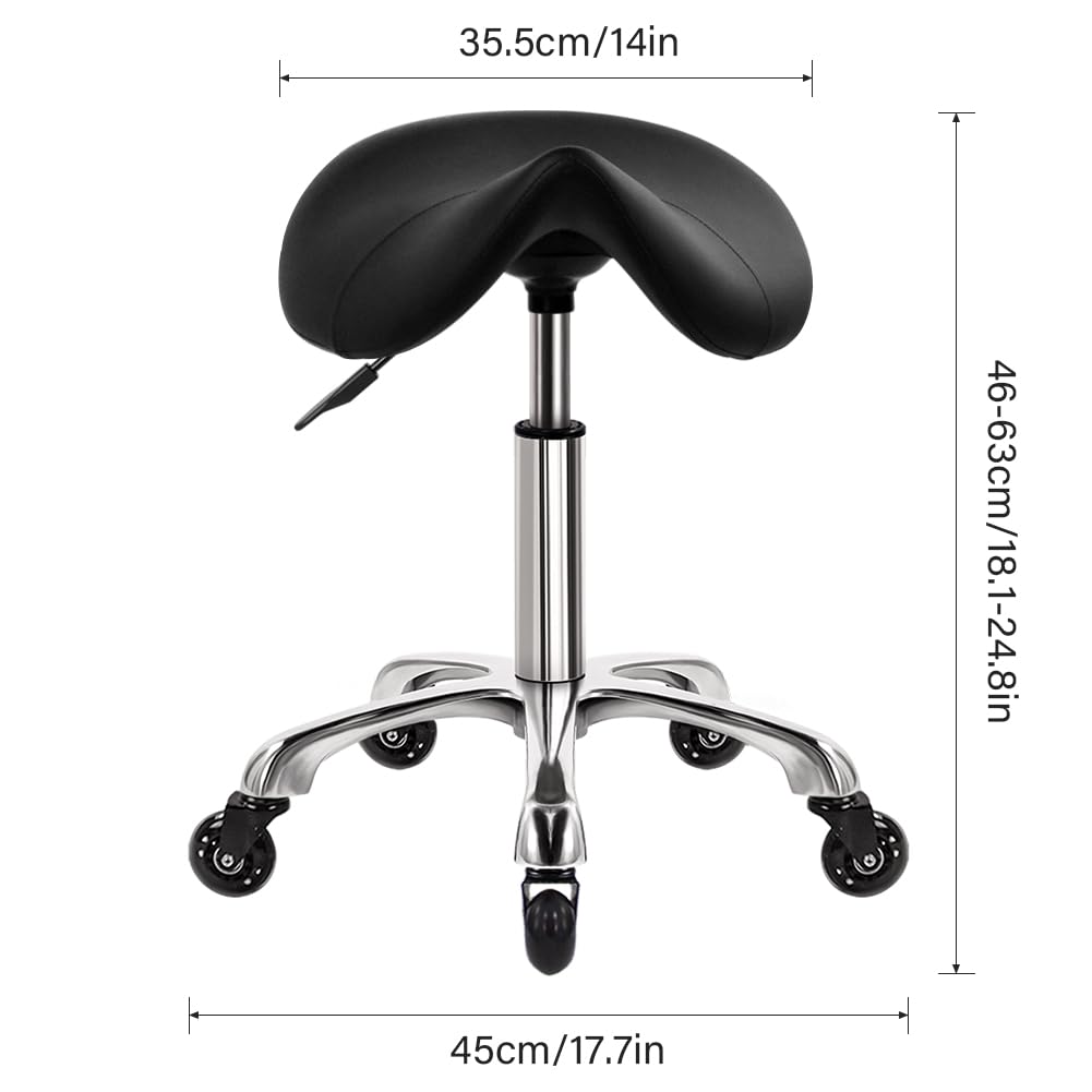 WKWKER Heavy Duty Saddle Rolling Stool With Wheels - Hydraulic Swivel Adjustable Chair, Ergonomic Thick Leather Seat for Kitchen