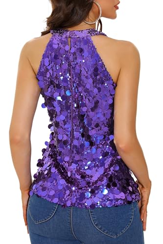 GUANYY Halter Sequin Tops for Women Sleeveless Sparkly Glitter Shiny Tank Top Party Concert Sequence Blouse