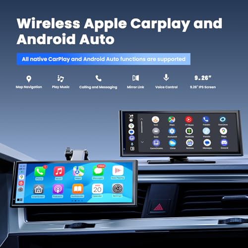 krunia 9.26" Wireless Portable Car Play Screen for Apple CarPlay & Android Auto, OTA Updates, Backup Camera, Mirror Link, ...