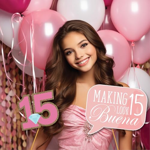 Quinceanera Photo Booth Props - 41-pc Photobooth Kit with 8 x 10-Inch Sign, 60 Adhesive Pads, 45 Sticks - Sweet 15 Photo B...