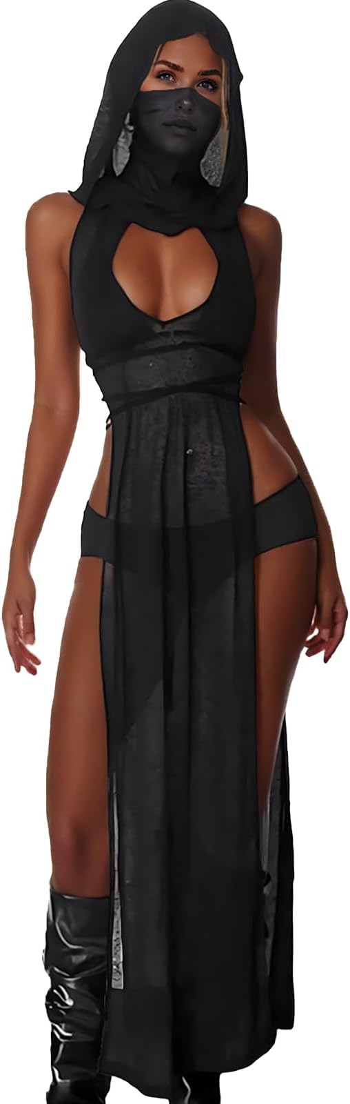 Joanyanl Rave Outfits for Women, Goth Sleeveless Hooded Sheer Knit Dress,EDM Festival Outfits Streetwear