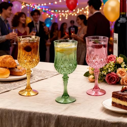 JUSONEY Vintage Plastic Wine Glasses,Crystal Textured Plastic Goblets,Disposable Wine Glasses for Parties,Weddings,Elegant...
