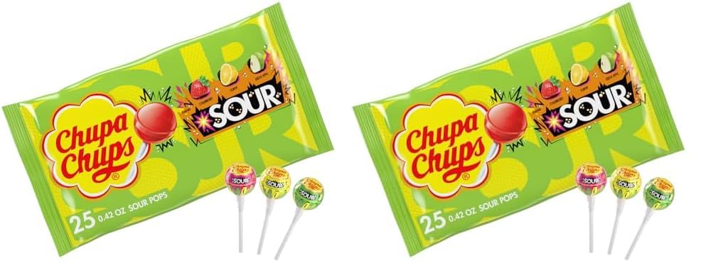 Chupa Chups Sour Fruit Lollipop Assortment, 3 Sour Flavors, Individually Wrapped Candy for Kids, 10.5 OZ Bag (25 Suckers) (Pack of 2)