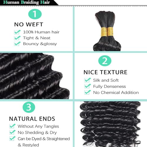 Human Braiding Hair for Boho Braids 100g 26 Inch Deep Wave Bulk Human Hair Braiding Hair Wet and Wavy No Weft Brazilian Virgin Culry Human Hair Extensions for Braiding Black Women 2 Bundles