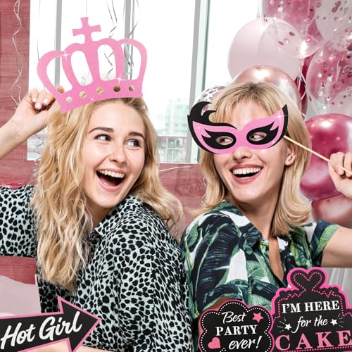 Hot Pink Glitter Photo Booth Props 31 Count, for Birthday Wedding Bachelorette Single Parties, Rose Golden Cute Funny Desi...