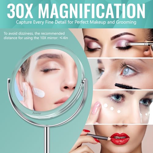 Auxmir 1X/ 30X Magnifying Mirror, Makeup Mirror with Tweezer, 6.8'' Double Sided Round Vanity Tabletop Mirror, 360¡Æ Rotation Portable for Dressing Table Desk Bathroom Bedroom Travel, Clear