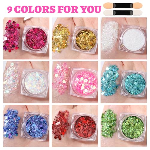 Teenitor 9 Color Face Glitter and 3 Gold Face Freckles Set - No Glue Needed Body Glitter Gel, Hair Glitter Festival Makeup...