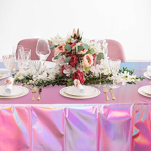 4 Pack Iridescent Pink Plastic Tablecloths, FunnyPars Shiny Disposable Laser Rectangle Table Covers, Holographic Foil Tabl...