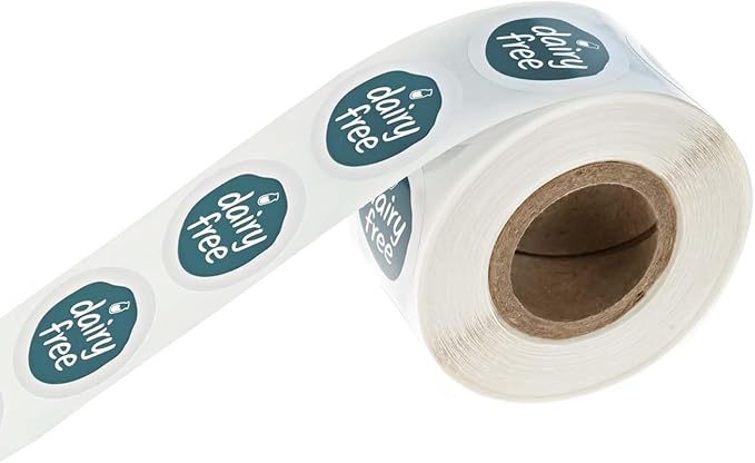 Blue Dairy Free Stickers / 500 Small 1" White Gloss Circle Labels/Chic Teal Lactose Free Food Safety Seals with Modern Aesthetic/Made in The USA
