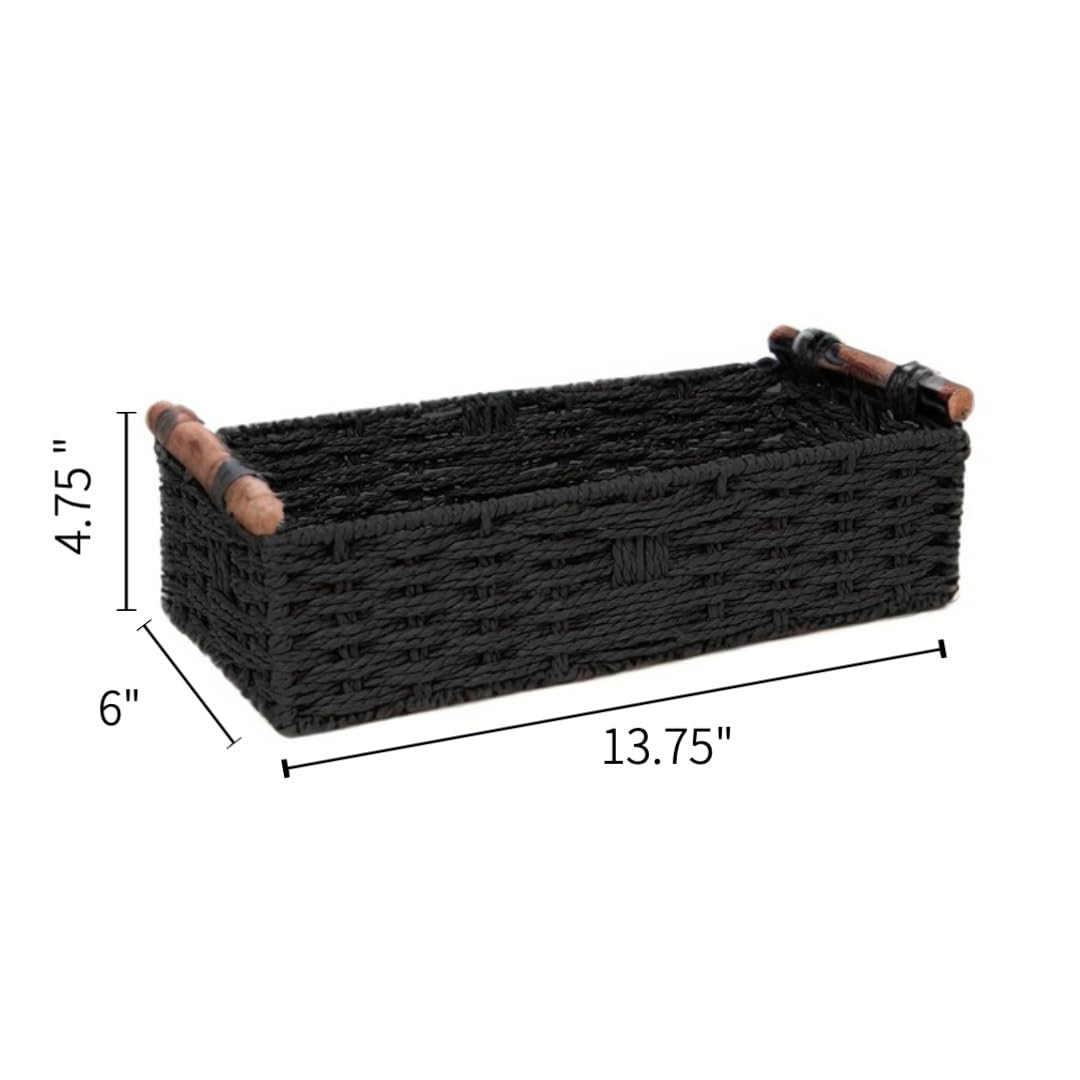 Rattanzenith Black Paper Rope Storage Basket with Wooden Handle – Handwoven Decorative Wicker Basket for Organizing Toilet Tank, Countertop, Cosmetics & Toilet Paper – 1PC