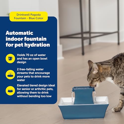 PetSafe Drinkwell Pagoda Fountain - Hygienic Ceramic Continuous Flowing Fountain - Elevated Upper Bowl & Double Free-Falli...