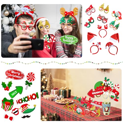 52 Pcs Christmas Photo Booth Props Kit, 20Pcs Glitter Eyeglasses Frame Hats Hairhoop and 32Pcs DIY Selfie Pose Signs for X...