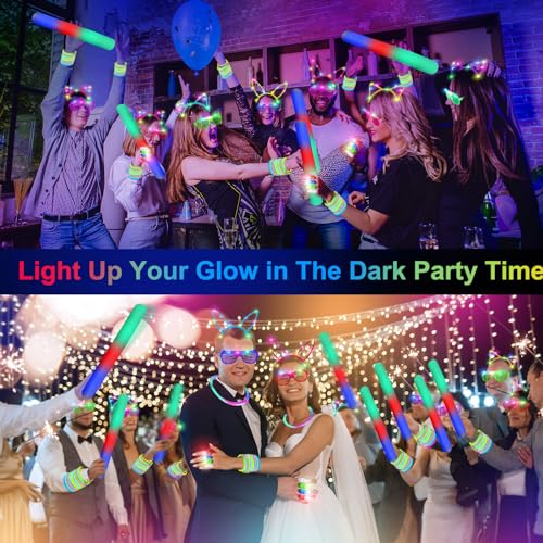 OLUPP 282 PCS Glow in the Dark Party Supplies, 18 Foam Sticks, 18 LED Glasses, 200 Glow Sticks, 30 Finger Lights, 8 Bunny ...
