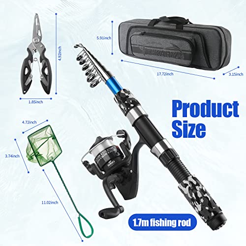 Fishing Rod Reel Combos Collapsible Fishing Rod Kit, 2PCS Telescopic Fishing Pole+2PCS Spinning Reels+Lures Hooks+Tackle B...