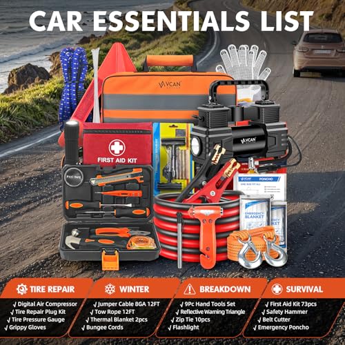 Car Emergency Kit with Portable Air Compressor, First Aid Kit, Jumper Cables, Roadside Safety Emergency Tool Kit for Wome...
