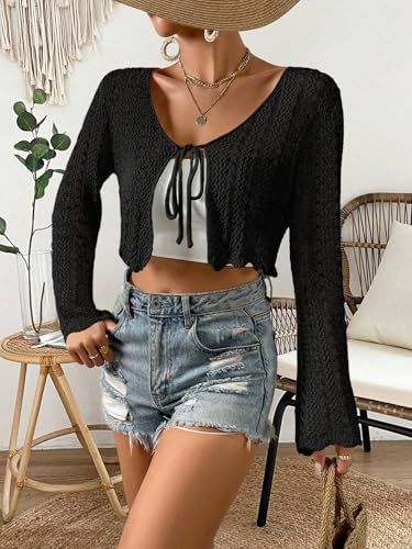 Womens Tie Front Crochet Cardigans Bell Long Sleeve Shrugs Summer Lightweight Sweaters Cropped Tops Beach Cover Up