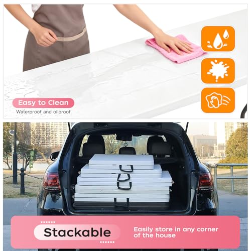 FDW 8FT Folding Table, Portable Fold-in-Half Plastic Picnic Party Table with Carrying Handle (White, 8FT)