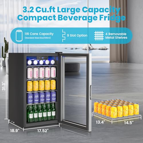 WINEBOSS 17 Inch Beverage Refrigerator and Cooler, 116 Cans Mini Beverage Fridge with Reversible Glass Door for Soda Beer ...