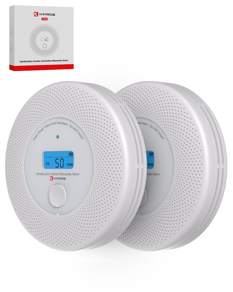 KIMROG 10-Year Sealed Battery 2-in-1 Smoke & Carbon Monoxide Detector Alarm | Home/Garage Combo CO & Smoke Alarm Detector with Backlit LCD Display & V-0 Flame-Retardant Housing(2-Pack)