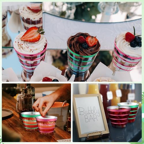 Gejoy 9 oz Happy New Year Rimmed Stripe Plastic Cups Bulk Disposable Wine Hard Plastic Drinking Cocktail Cups Tumblers for...