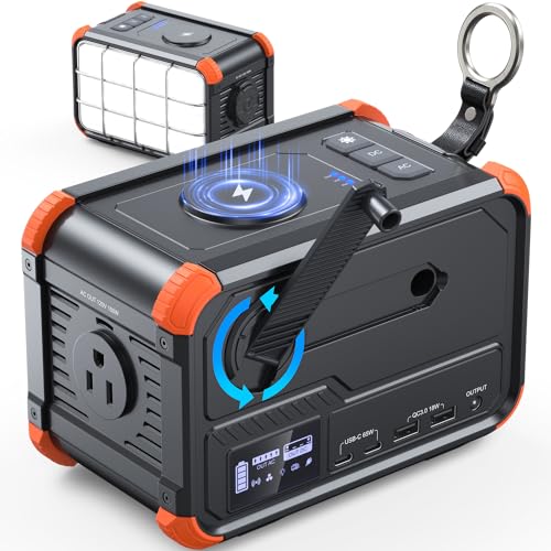 BROWEY Portable Power Station 153Wh Camping Small Solar Generator with Hand Crank 120V 150W AC Outlet Lithium Battery Powe...