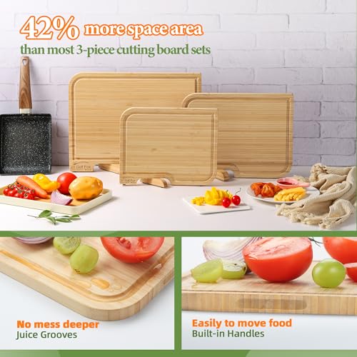 4-PCS Bamboo Cutting Board Set with Innovative Stand - Durable Double Sided Wooden Cutting Board with Juice Groove & Handl...