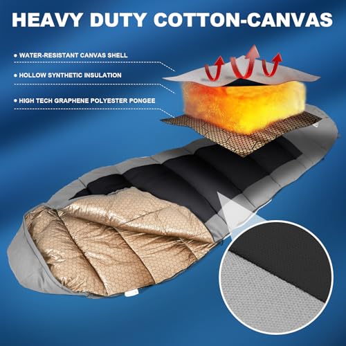 MHTD Winter Cold Weather Sleeping Bag for Adults 0 Degree,Cotton Canvas with YKK Zipper Compact Backpacking Mummy Camping ...